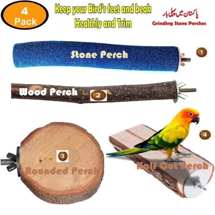 Zymal Store 4 pack set of Bird Perches Natural Wood and stone grinding Parrot Perch for Parakeet Cage Accessories for Parrots, Parakeets Cockatiels, Conures, Macaws, Love Birds, Finches Grinding Stick for Parrot Rough surfaced nail Beak Feet