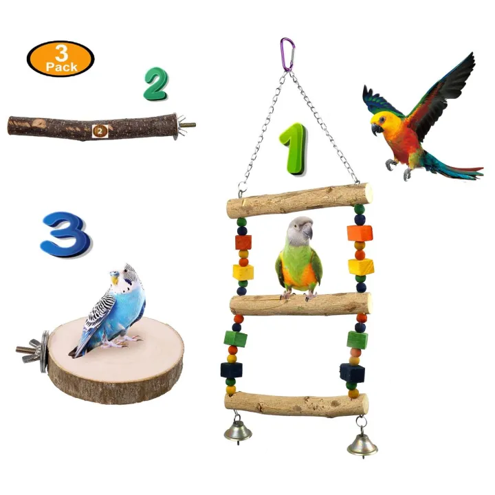 3 pack toys – round perch, long perch and Bird Ladder Parrot Toys Ladders Chewing Toy Colorful Wooden Blocks and Multicolor Wooden Beads Bite Toy, Best for Large and Medium Parrots and Birds