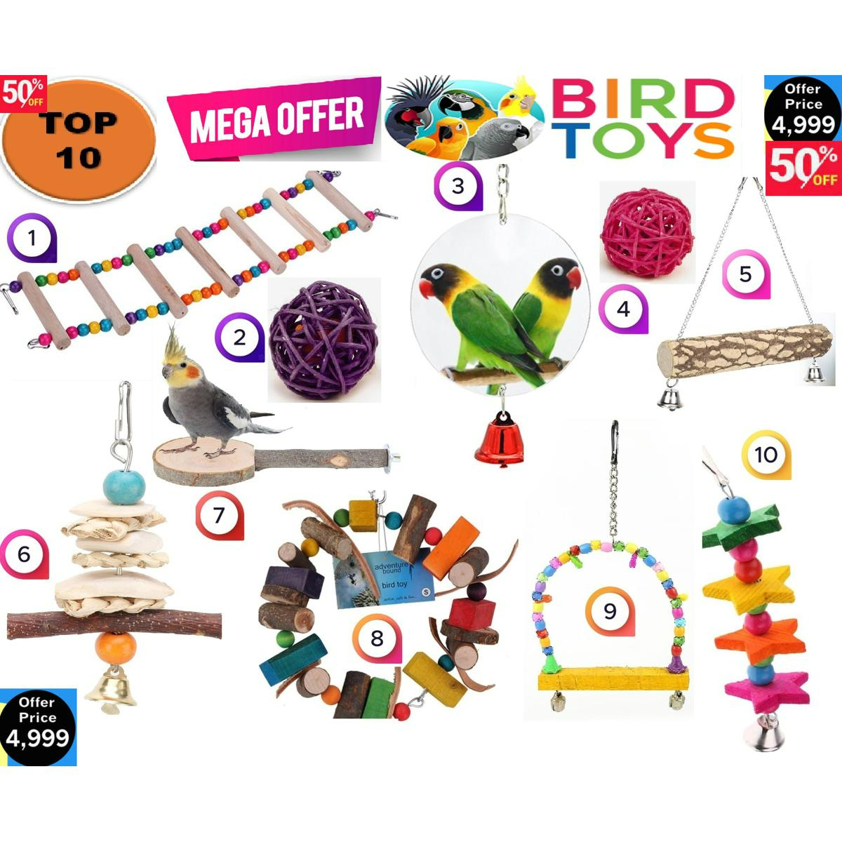 UK BIRD TOYS TOP 10 Packs Parrot natural wooden Chewing Toys - Hanging Bell Birds Cage Toys Suitable for all types of Parakeets, Cockatiel, Conures ,Finches ,Budgie ,Macaws, Love Birds