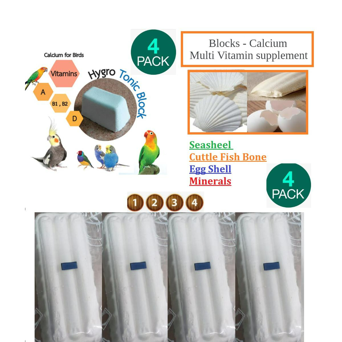 Pack of 4 Pcs Natural Mineral Block for Birds, Bird Food and Supplements, Calcium Block with Mineral, for all birds and Parrots, grey,macaw, Budgies ,Cocktail, Love Birds