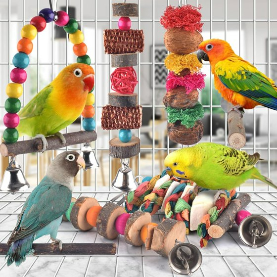 7 Packs Bird Chew Toys, Parakeet Natural Wood Toys Parrot Hanging Cage ...